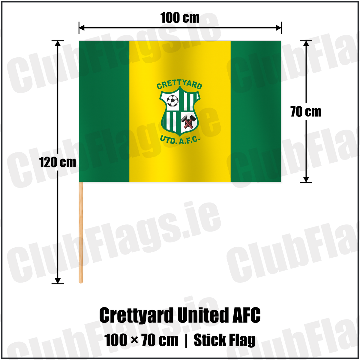Crettyard United AFC 70cm x 100cm Stick Flag with the club crest and colours, Carlow football - ClubFlags.ie