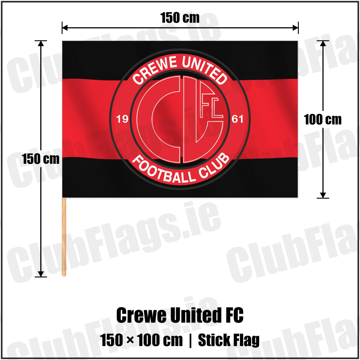 Crewe United FC 100cm x 150cm Stick Flag with the club crest and colours, Antrim Football - ClubFlags.ie