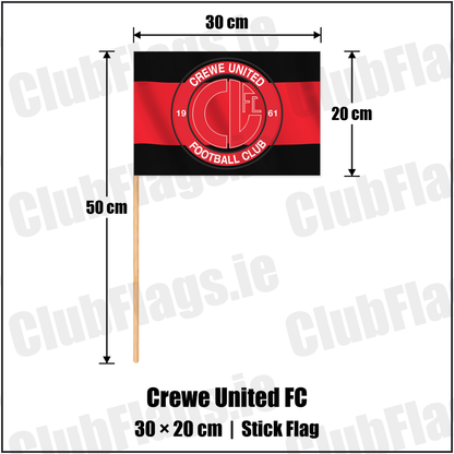 Crewe United FC 20cm x 30cm Stick Flag with the club crest and colours, Antrim Football - ClubFlags.ie