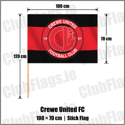Crewe United FC 70cm x 100cm Stick Flag with the club crest and colours, Antrim Football - ClubFlags.ie