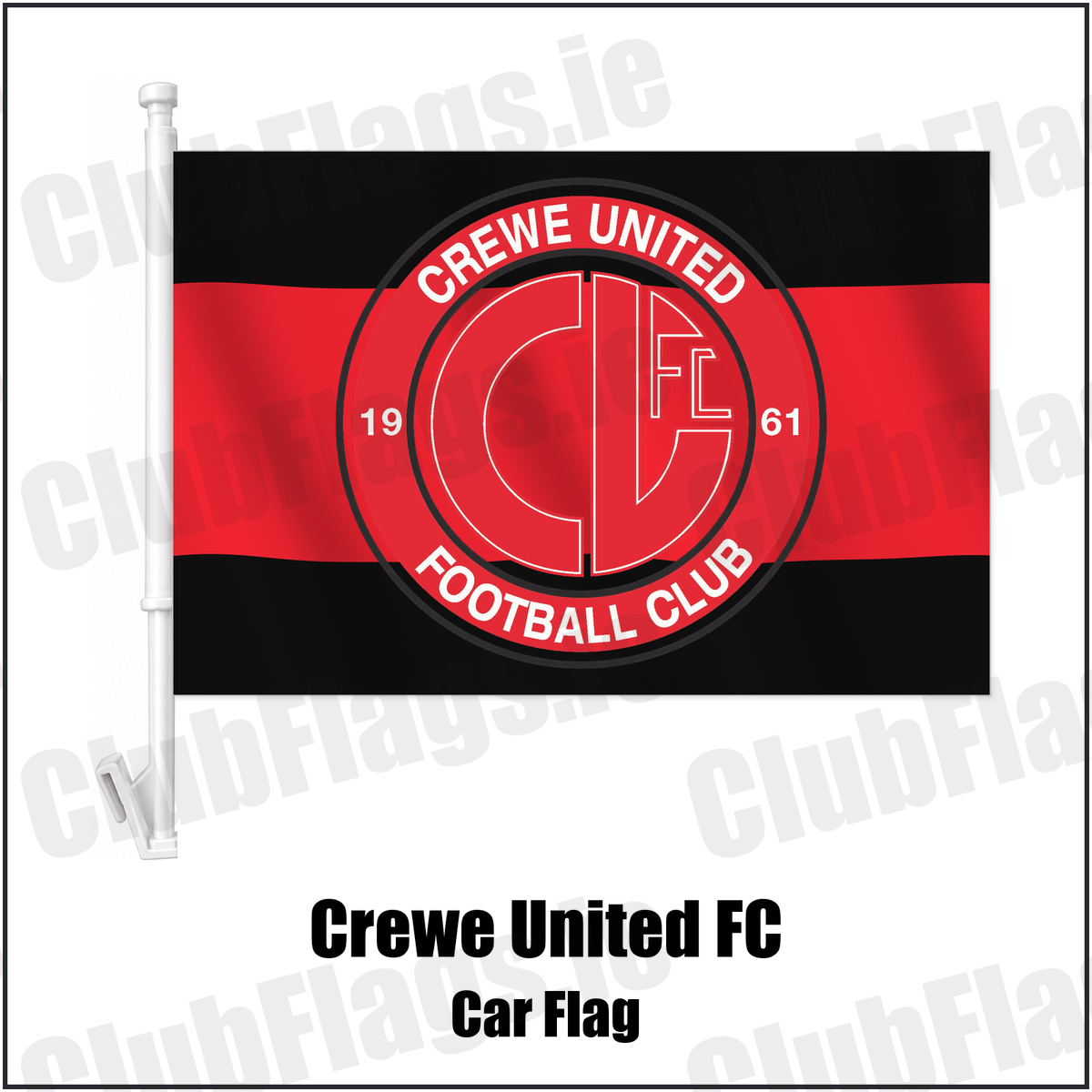 Crewe United FC Car Flag with the club crest and colours, Antrim Football - ClubFlags.ie