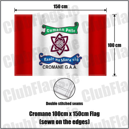 Cromane 100cm x 150cm Flag (sewn on the edges) in red and white, featuring the club crest on realistic fabric with gentle vertical folds; County Kerry GAA. ClubFlags.ie.