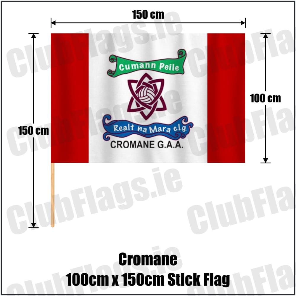 Cromane 100cm x 150cm Stick Flag in red and white, featuring the club crest on realistic fabric with gentle vertical folds; County Kerry GAA. ClubFlags.ie.