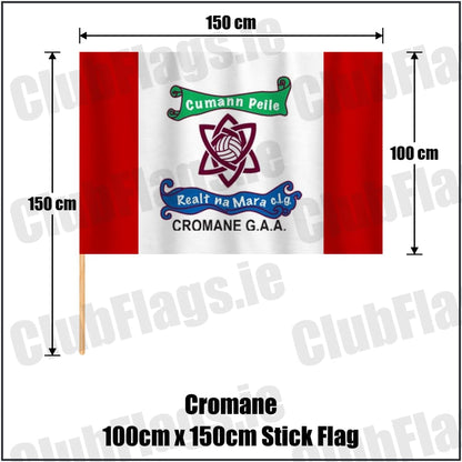 Cromane 100cm x 150cm Stick Flag in red and white, featuring the club crest on realistic fabric with gentle vertical folds; County Kerry GAA. ClubFlags.ie.
