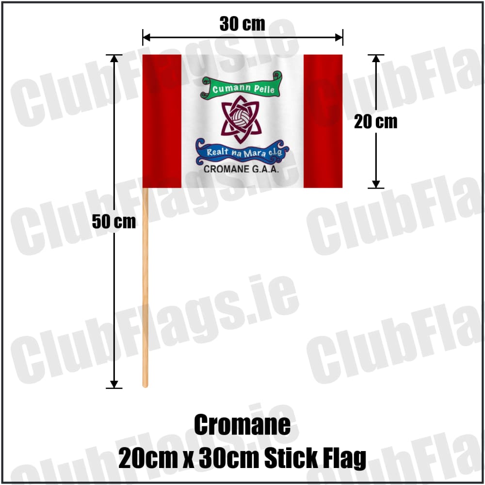 Cromane 20cm x 30cm Stick Flag in red and white, featuring the club crest on realistic fabric with gentle vertical folds; County Kerry GAA. ClubFlags.ie.