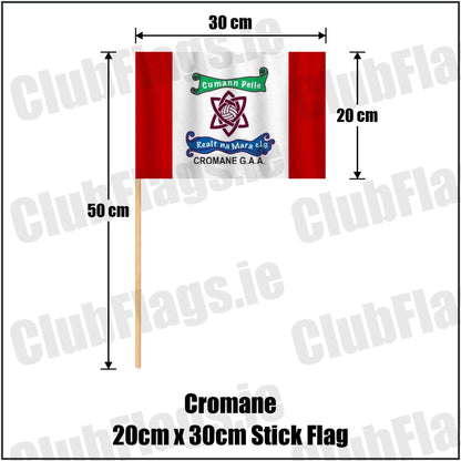 Cromane 20cm x 30cm Stick Flag in red and white, featuring the club crest on realistic fabric with gentle vertical folds; County Kerry GAA. ClubFlags.ie.