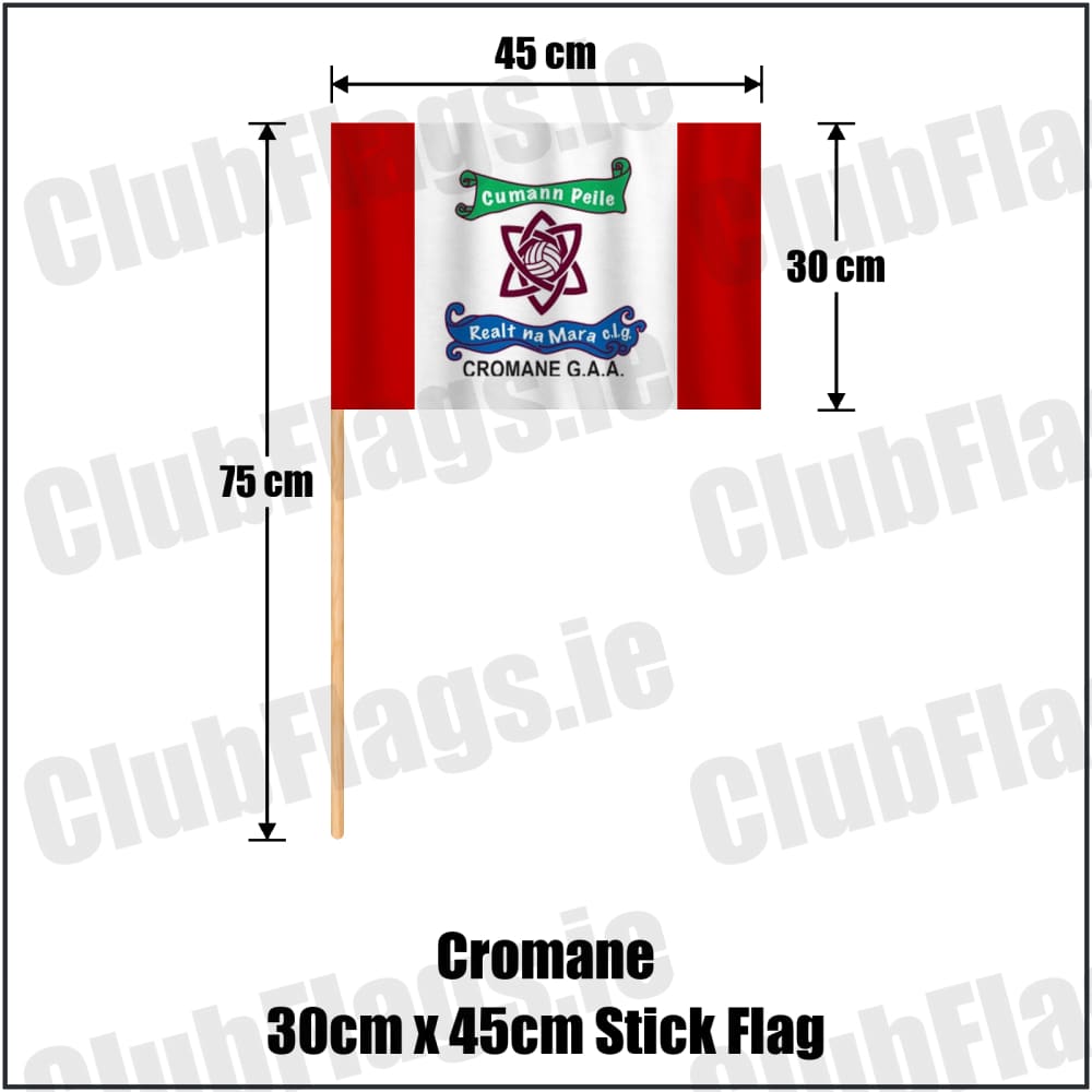 Cromane 30cm x 45cm Stick Flag in red and white, featuring the club crest on realistic fabric with gentle vertical folds; County Kerry GAA. ClubFlags.ie.