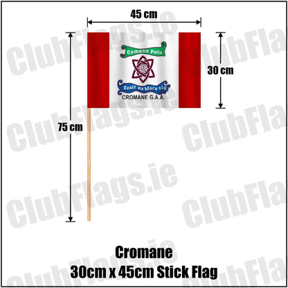 Cromane 30cm x 45cm Stick Flag in red and white, featuring the club crest on realistic fabric with gentle vertical folds; County Kerry GAA. ClubFlags.ie.