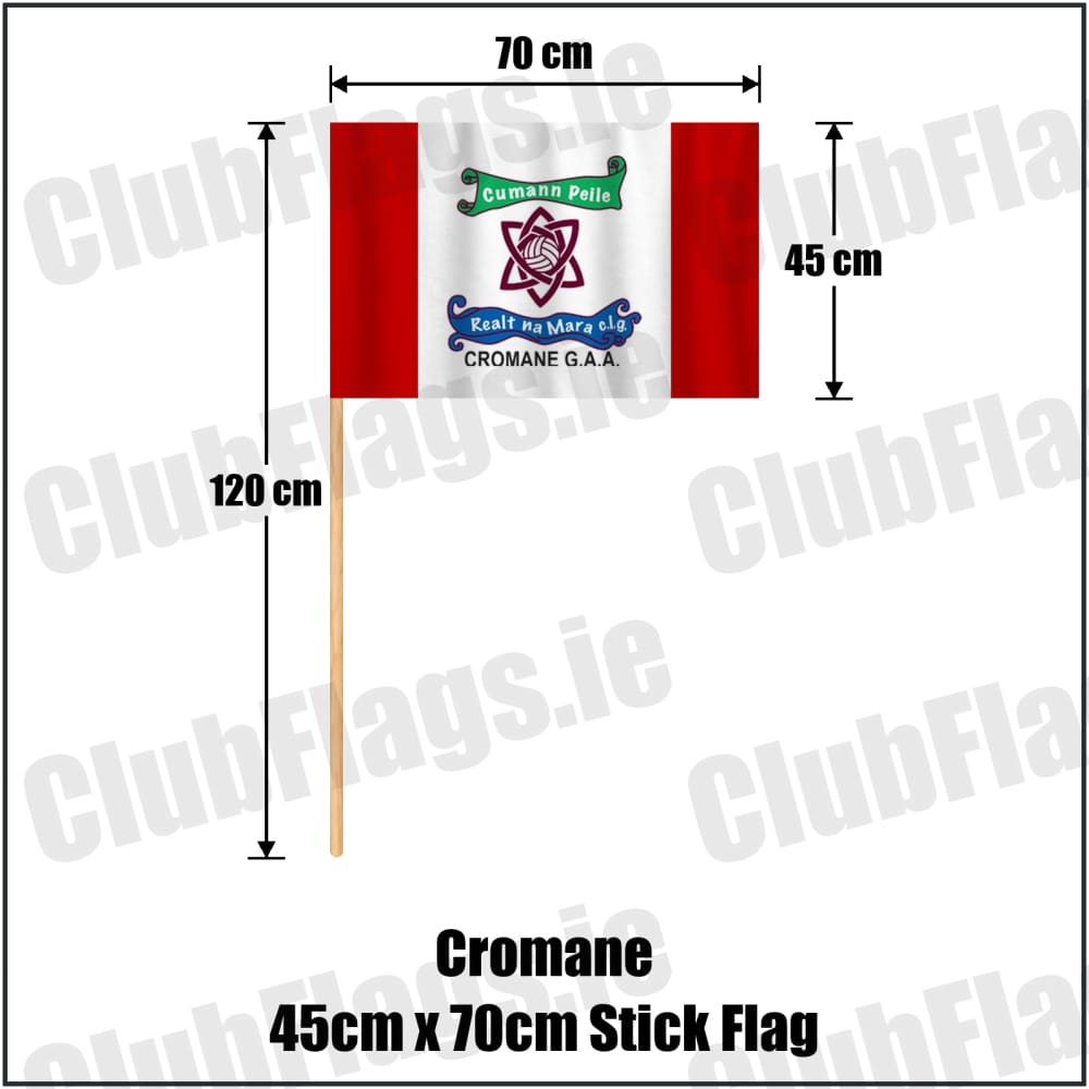 Cromane 45cm x 70cm Stick Flag in red and white, featuring the club crest on realistic fabric with gentle vertical folds; County Kerry GAA. ClubFlags.ie.