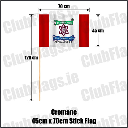 Cromane 45cm x 70cm Stick Flag in red and white, featuring the club crest on realistic fabric with gentle vertical folds; County Kerry GAA. ClubFlags.ie.