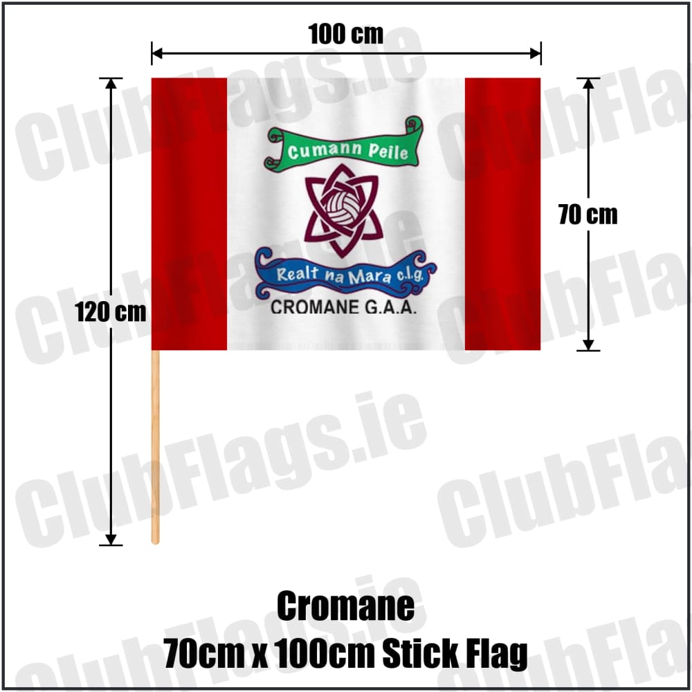 Cromane 70cm x 100cm Stick Flag in red and white, featuring the club crest on realistic fabric with gentle vertical folds; County Kerry GAA. ClubFlags.ie.