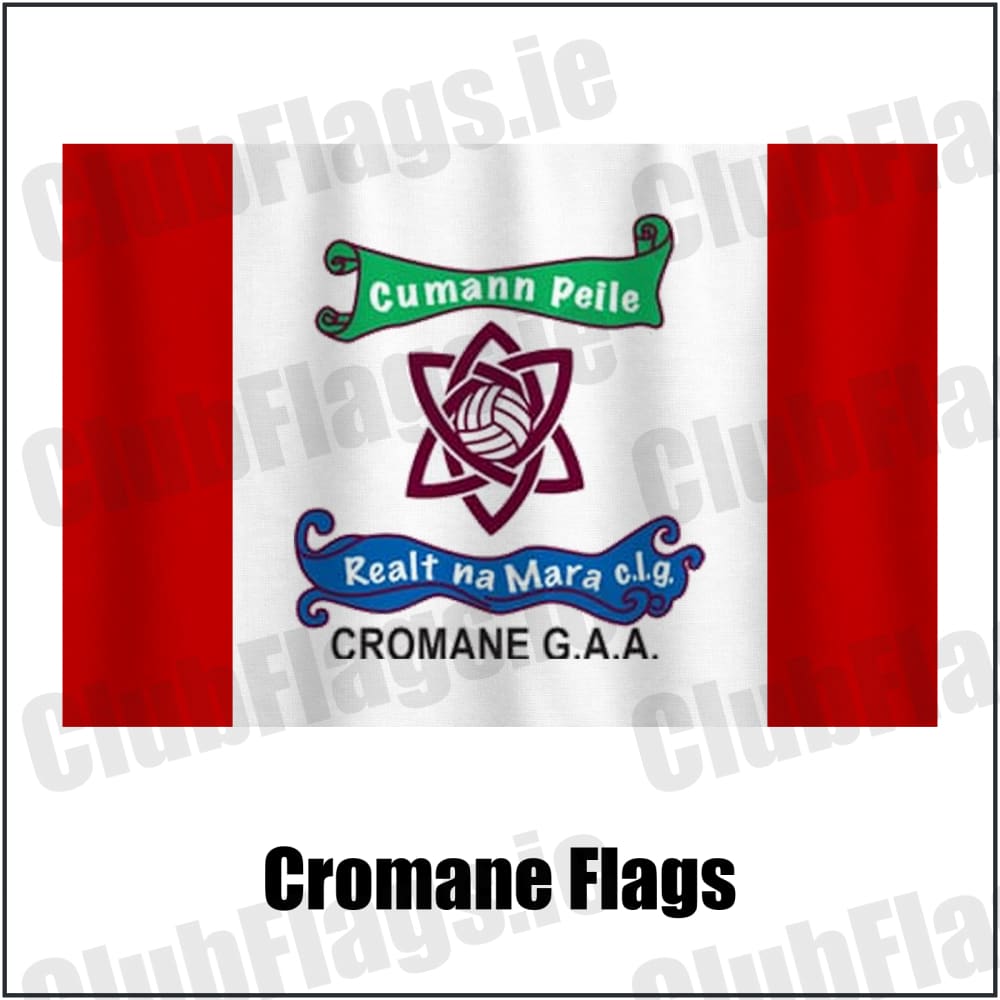 Cromane Flags in red and white, featuring the club crest on realistic fabric with gentle vertical folds; County Kerry GAA. ClubFlags.ie.