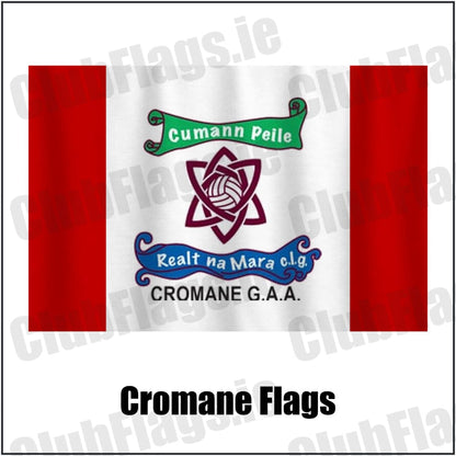 Cromane Flags in red and white, featuring the club crest on realistic fabric with gentle vertical folds; County Kerry GAA. ClubFlags.ie.