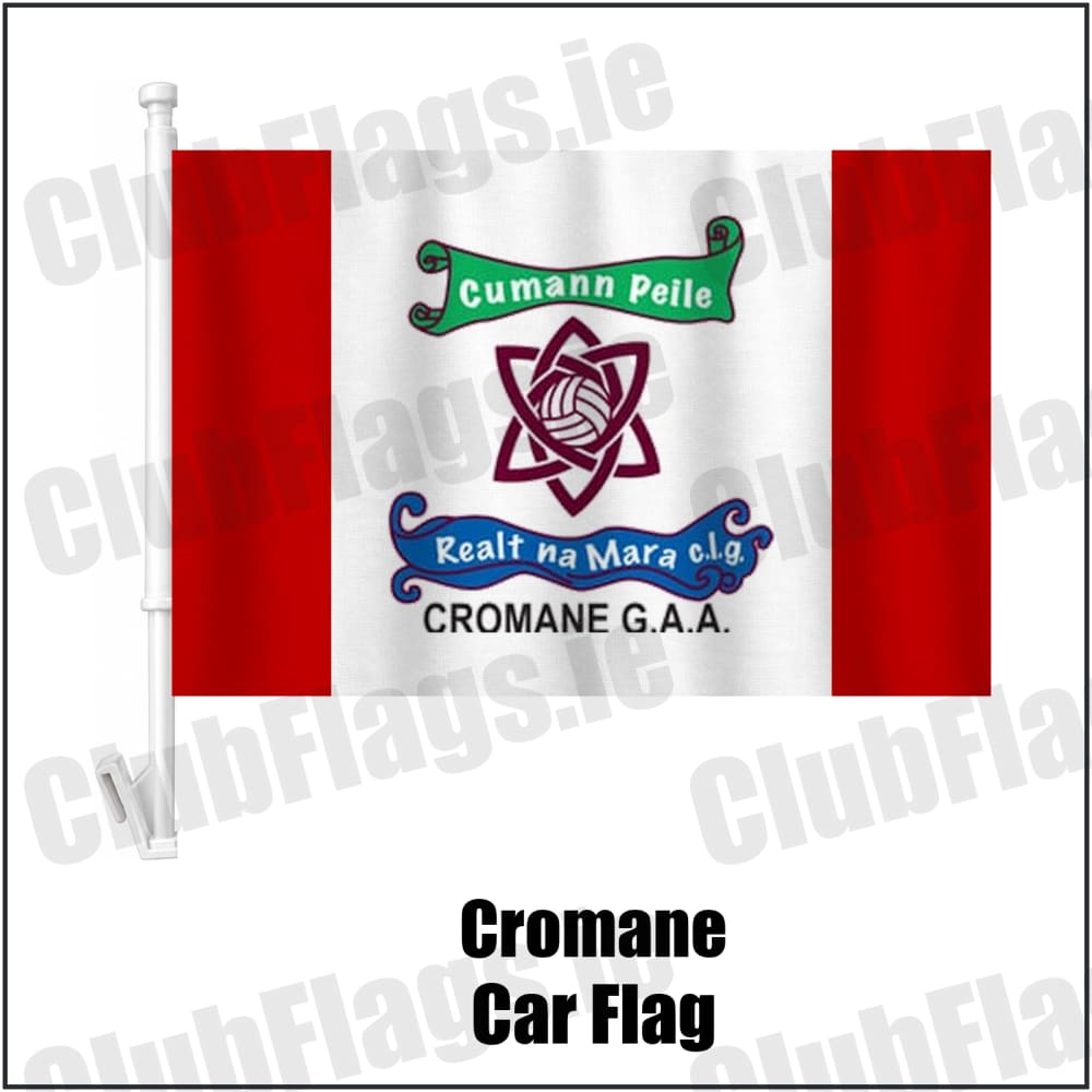 Cromane Car Flag in red and white, featuring the club crest on realistic fabric with gentle vertical folds; County Kerry GAA. ClubFlags.ie.