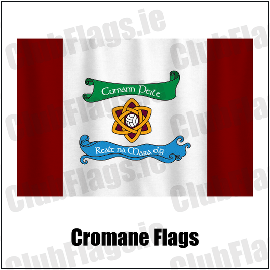 Cromane Flags, featuring the club crest and maroon and white colours; County Kerry GAA. ClubFlags.ie.