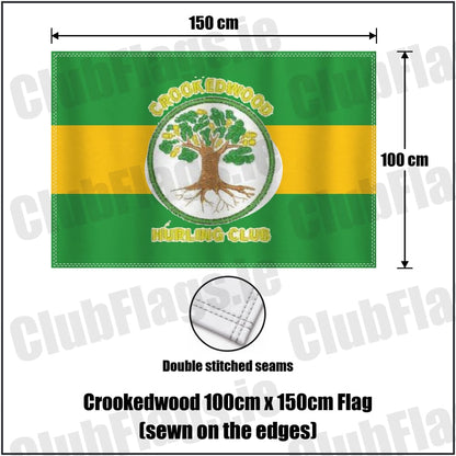 Crookedwood 100cm x 150cm Flag (sewn on the edges) in green and gold, featuring the club crest on realistic fabric with gentle vertical folds; County Westmeath GAA. ClubFlags.ie.