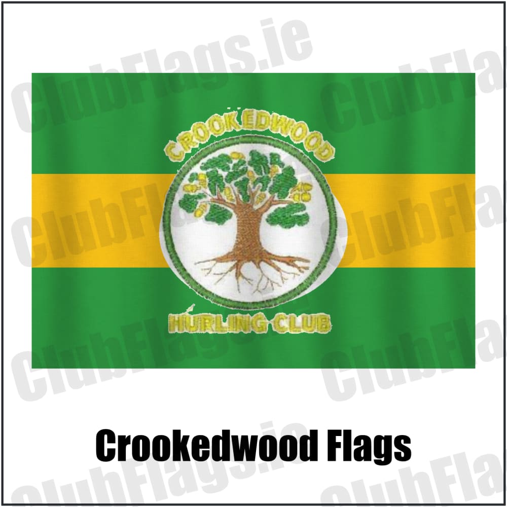 Crookedwood Flags in green and gold, featuring the club crest on realistic fabric with gentle vertical folds; County Westmeath GAA. ClubFlags.ie.