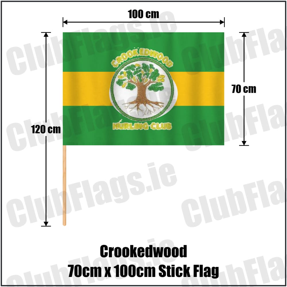 Crookedwood 70cm x 100cm Stick Flag in green and gold, featuring the club crest on realistic fabric with gentle vertical folds; County Westmeath GAA. ClubFlags.ie.