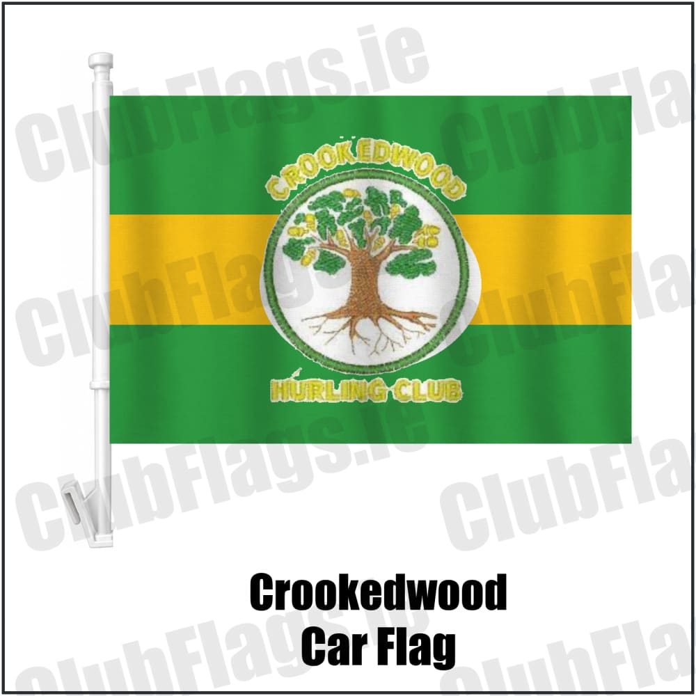 Crookedwood Car Flag in green and gold, featuring the club crest on realistic fabric with gentle vertical folds; County Westmeath GAA. ClubFlags.ie.