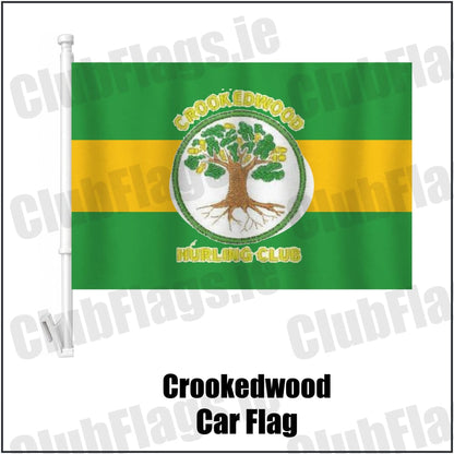 Crookedwood Car Flag in green and gold, featuring the club crest on realistic fabric with gentle vertical folds; County Westmeath GAA. ClubFlags.ie.