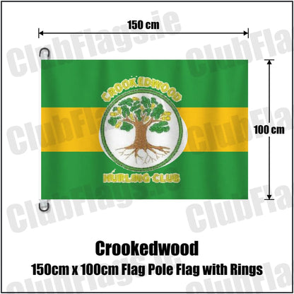 Crookedwood 150cm x 100cm Flag Pole Flag with Rings in green and gold, featuring the club crest on realistic fabric with gentle vertical folds; County Westmeath GAA. ClubFlags.ie.