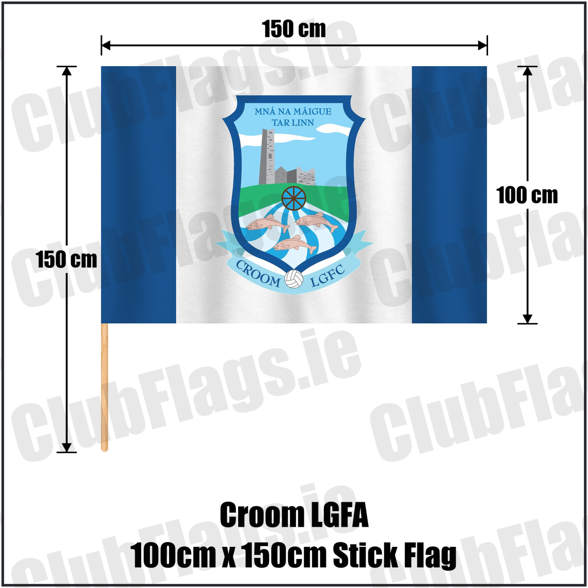 Croom LGFA 100cm x 150cm Stick Flag, featuring the club crest and blue and white colours; County Limerick ladies Gaelic football. ClubFlags.ie.