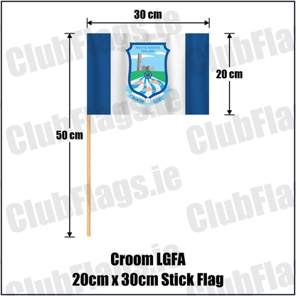 Croom LGFA 20cm x 30cm Stick Flag, featuring the club crest and blue and white colours; County Limerick ladies Gaelic football. ClubFlags.ie.