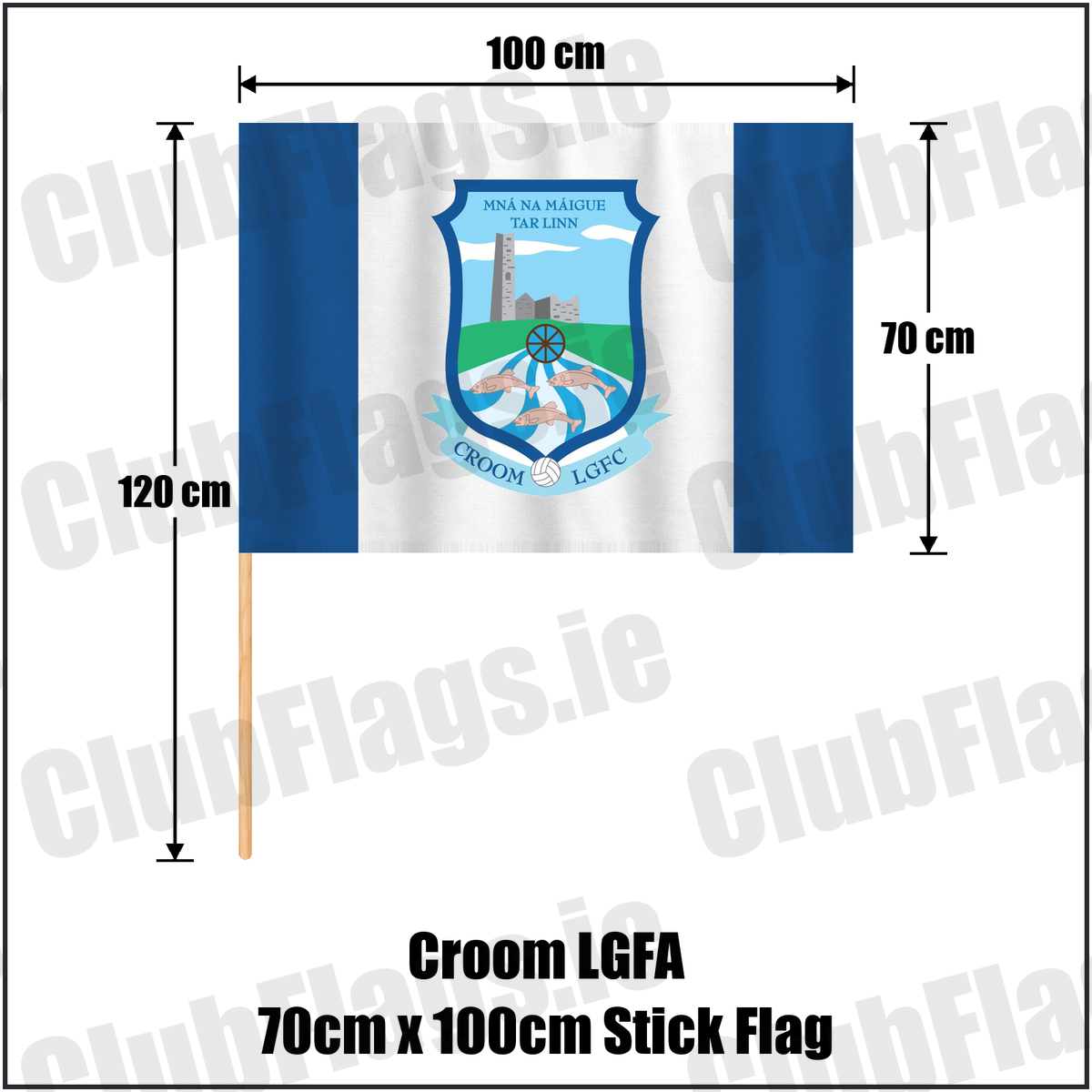 Croom LGFA 70cm x 100cm Stick Flag, featuring the club crest and blue and white colours; County Limerick ladies Gaelic football. ClubFlags.ie.