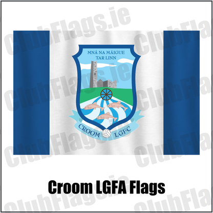 Croom LGFA Flags, featuring the club crest and blue and white colours; County Limerick ladies Gaelic football. ClubFlags.ie.