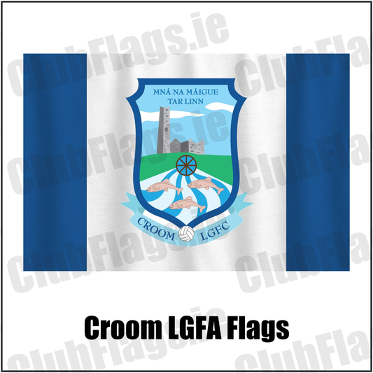 Croom LGFA Flags, featuring the club crest and blue and white colours; County Limerick ladies Gaelic football. ClubFlags.ie.