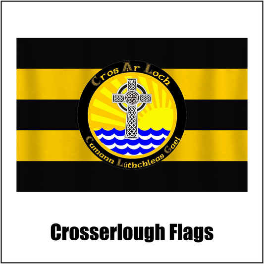 Crosserlough Flags, featuring the club crest and gold and black colours; County Cavan GAA. ClubFlags.ie.