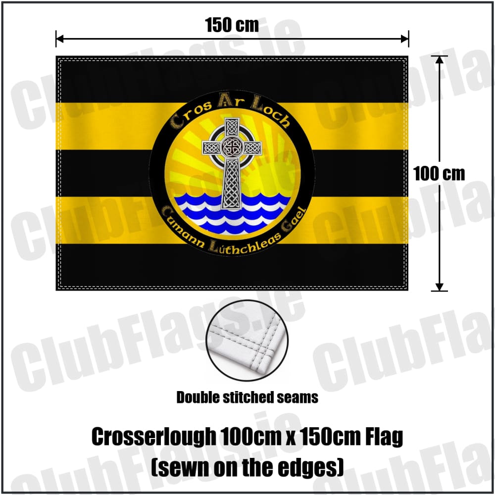 Crosserlough 100cm x 150cm Flag (sewn on the edges) in gold and black, featuring the club crest on realistic fabric with gentle vertical folds; County Cavan GAA. ClubFlags.ie.