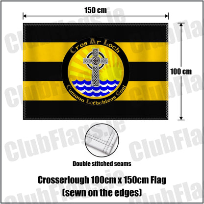 Crosserlough 100cm x 150cm Flag (sewn on the edges) in gold and black, featuring the club crest on realistic fabric with gentle vertical folds; County Cavan GAA. ClubFlags.ie.