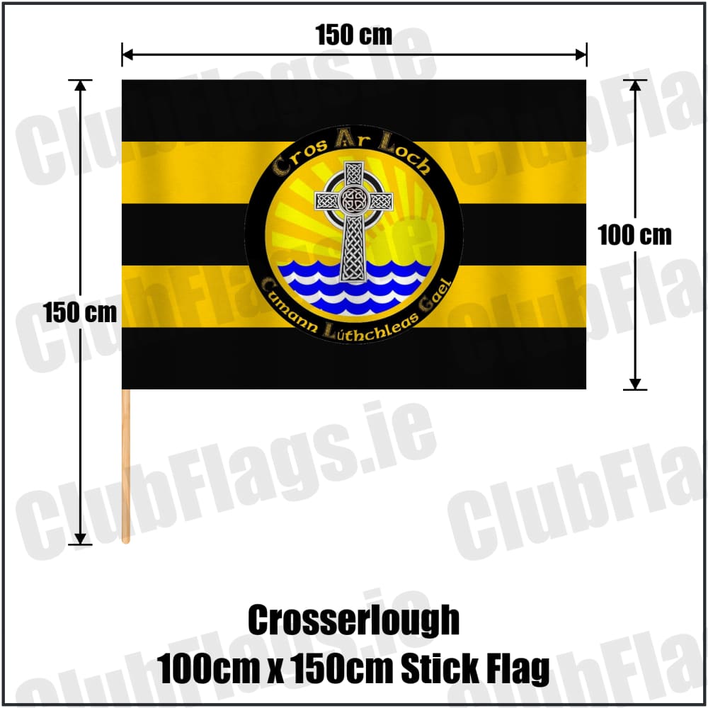 Crosserlough 100cm x 150cm Stick Flag in gold and black, featuring the club crest on realistic fabric with gentle vertical folds; County Cavan GAA. ClubFlags.ie.