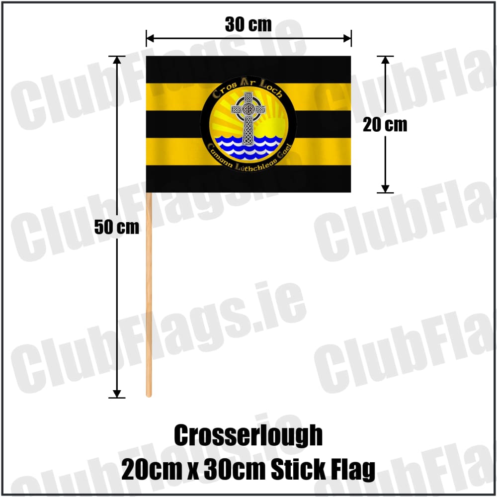 Crosserlough 20cm x 30cm Stick Flag in gold and black, featuring the club crest on realistic fabric with gentle vertical folds; County Cavan GAA. ClubFlags.ie.