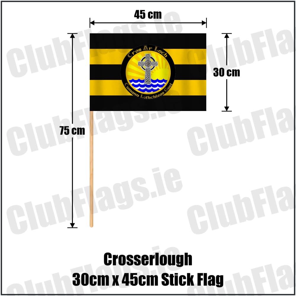 Crosserlough 30cm x 45cm Stick Flag in gold and black, featuring the club crest on realistic fabric with gentle vertical folds; County Cavan GAA. ClubFlags.ie.