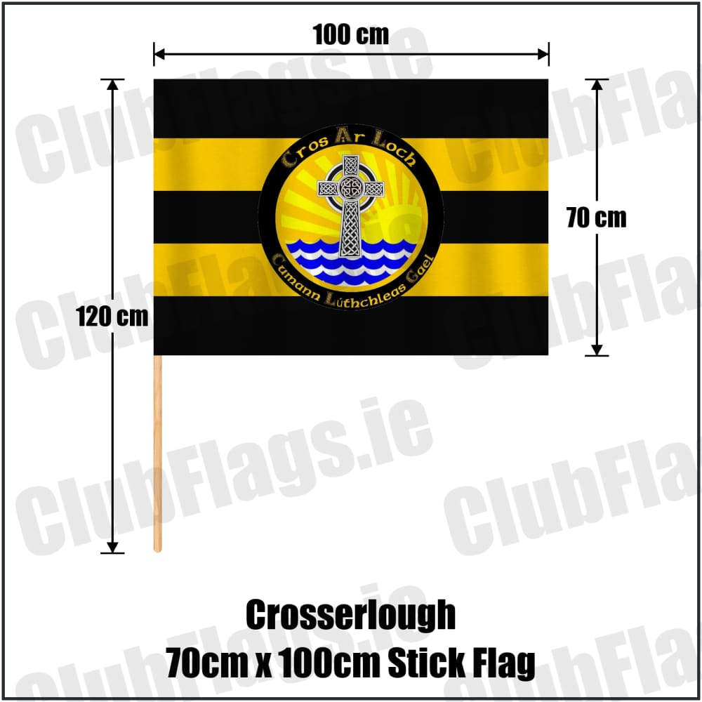Crosserlough 70cm x 100cm Stick Flag in gold and black, featuring the club crest on realistic fabric with gentle vertical folds; County Cavan GAA. ClubFlags.ie.