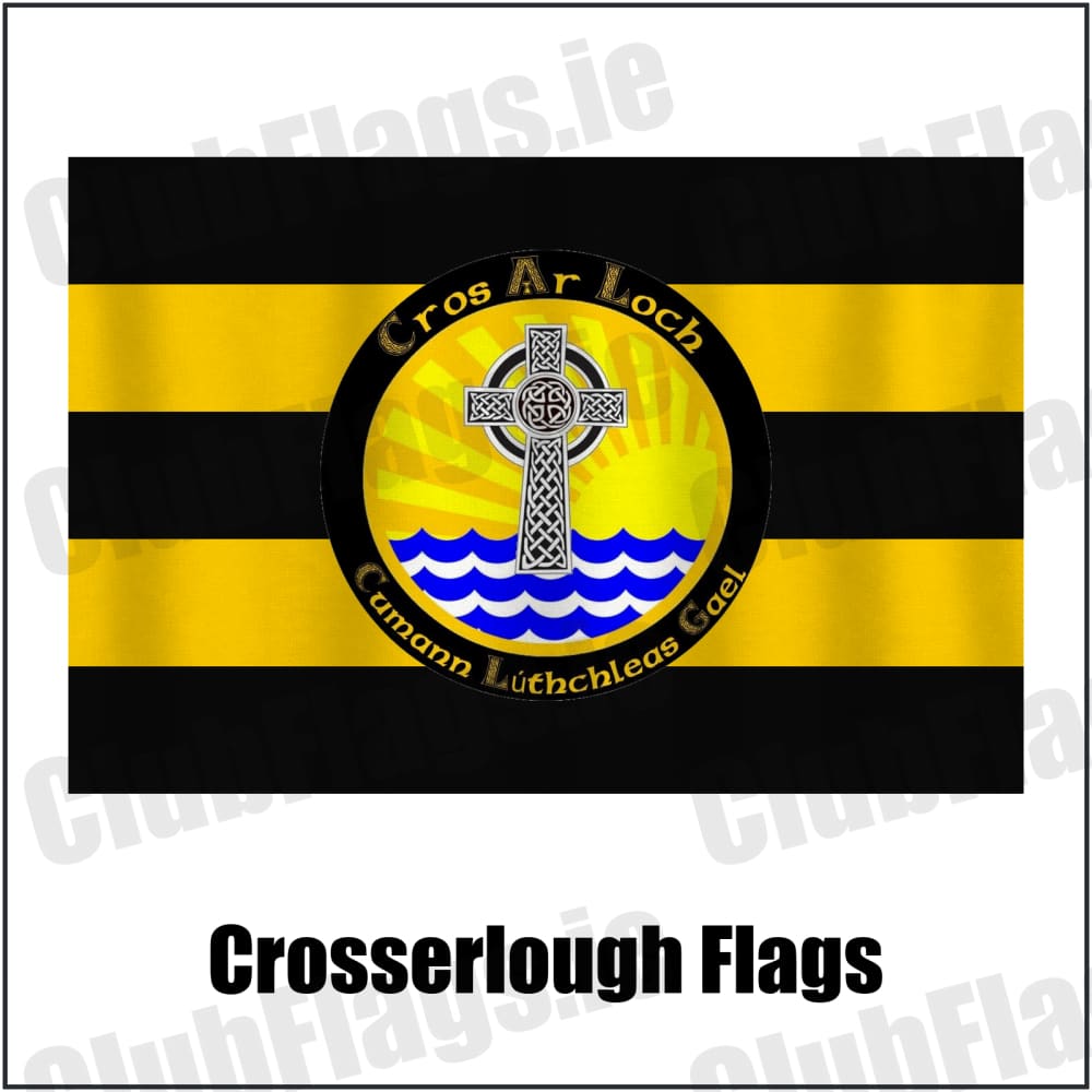 Crosserlough Flags in gold and black, featuring the club crest on realistic fabric with gentle vertical folds; County Cavan GAA. ClubFlags.ie.