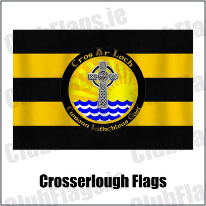Crosserlough Flags in gold and black, featuring the club crest on realistic fabric with gentle vertical folds; County Cavan GAA. ClubFlags.ie.