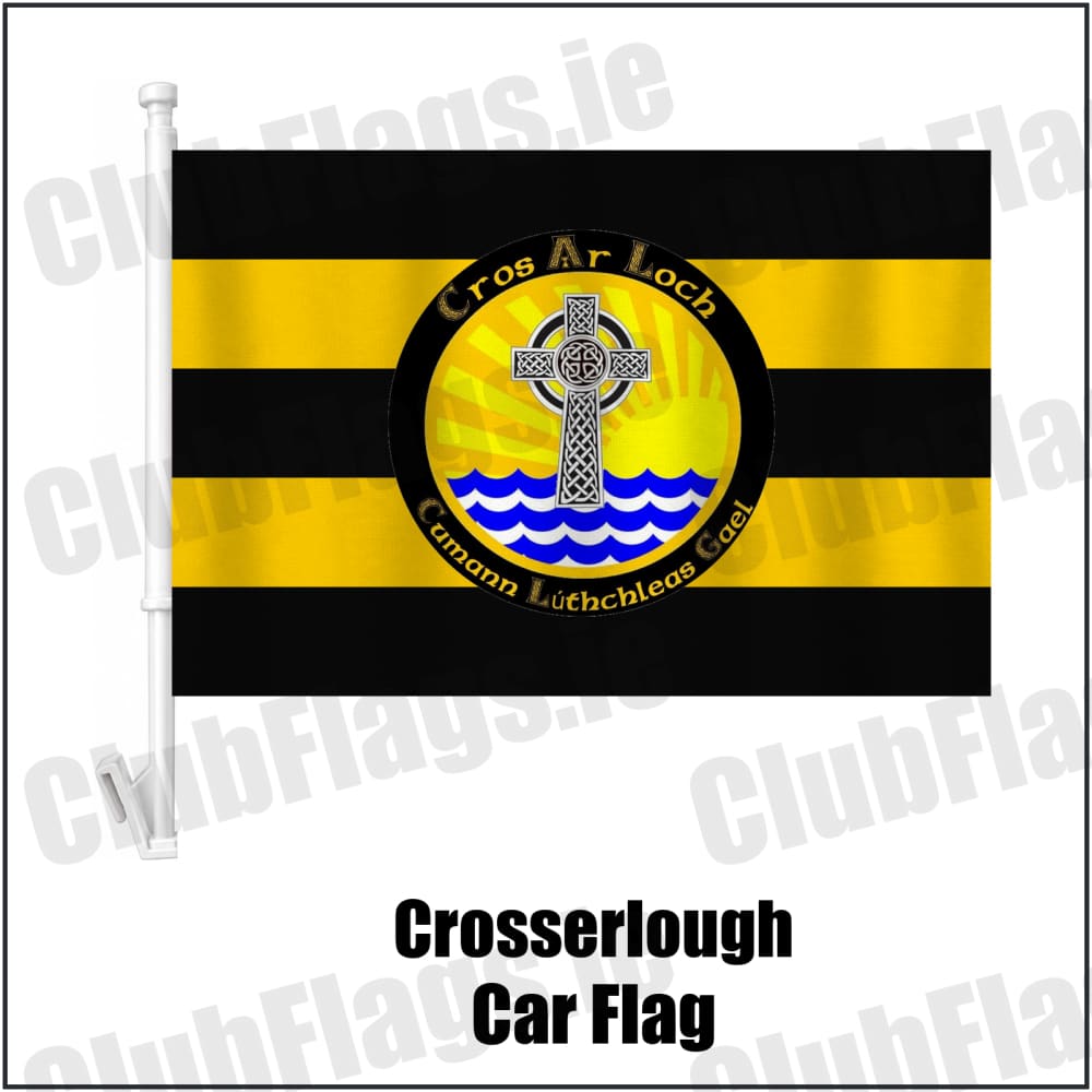 Crosserlough Car Flag in gold and black, featuring the club crest on realistic fabric with gentle vertical folds; County Cavan GAA. ClubFlags.ie.