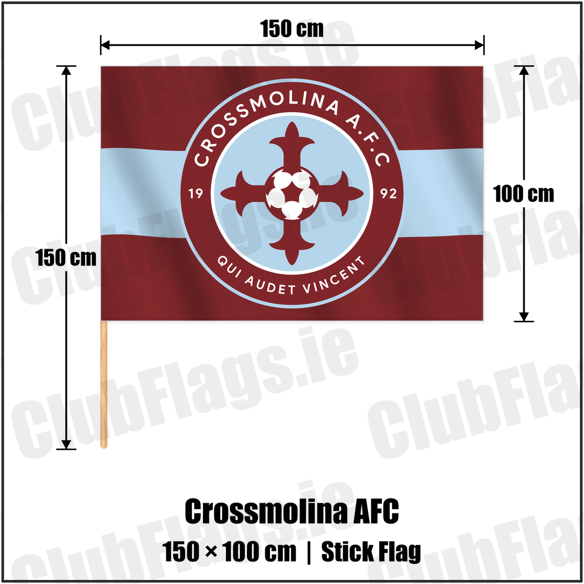 Crossmolina AFC 100cm x 150cm Stick Flag with the club crest and colours, Mayo Football - ClubFlags.ie