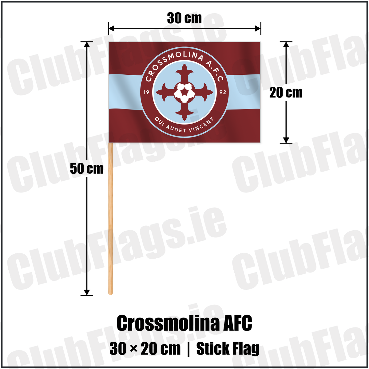 Crossmolina AFC 20cm x 30cm Stick Flag with the club crest and colours, Mayo Football - ClubFlags.ie