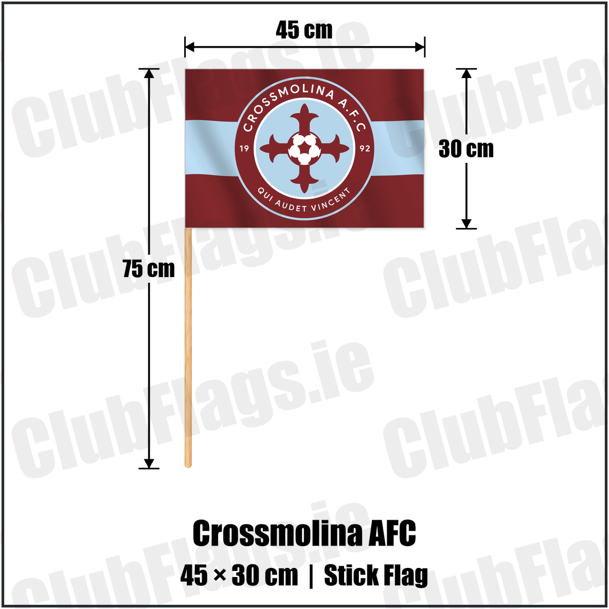 Crossmolina AFC 30cm x 45cm Stick Flag with the club crest and colours, Mayo Football - ClubFlags.ie