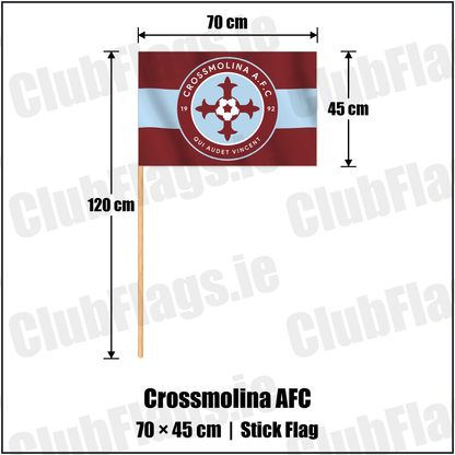 Crossmolina AFC 45cm x 70cm Stick Flag with the club crest and colours, Mayo Football - ClubFlags.ie