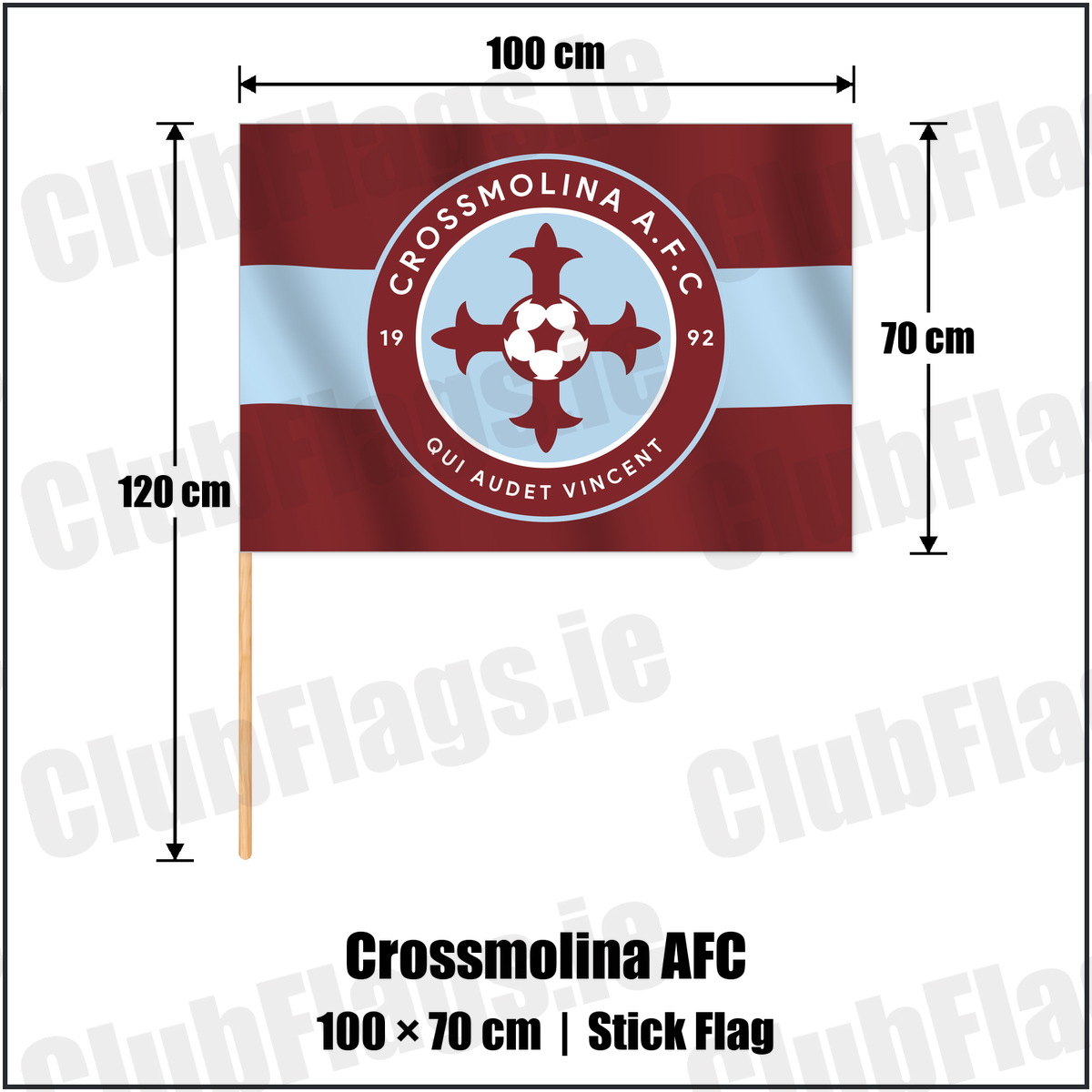 Crossmolina AFC 70cm x 100cm Stick Flag with the club crest and colours, Mayo Football - ClubFlags.ie