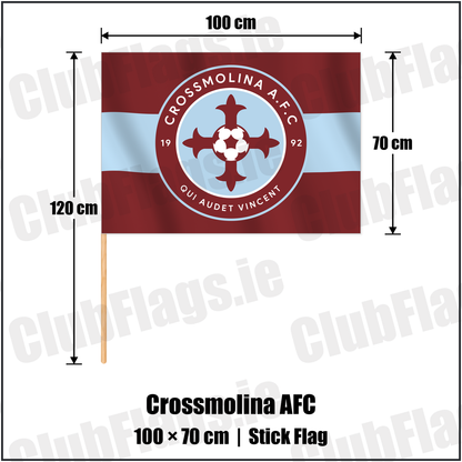 Crossmolina AFC 70cm x 100cm Stick Flag with the club crest and colours, Mayo Football - ClubFlags.ie