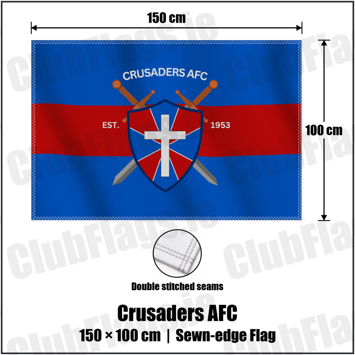 Crusaders AFC 100cm x 150cm Flag (sewn on the edges) with the club crest and colours, Waterford Football - ClubFlags.ie