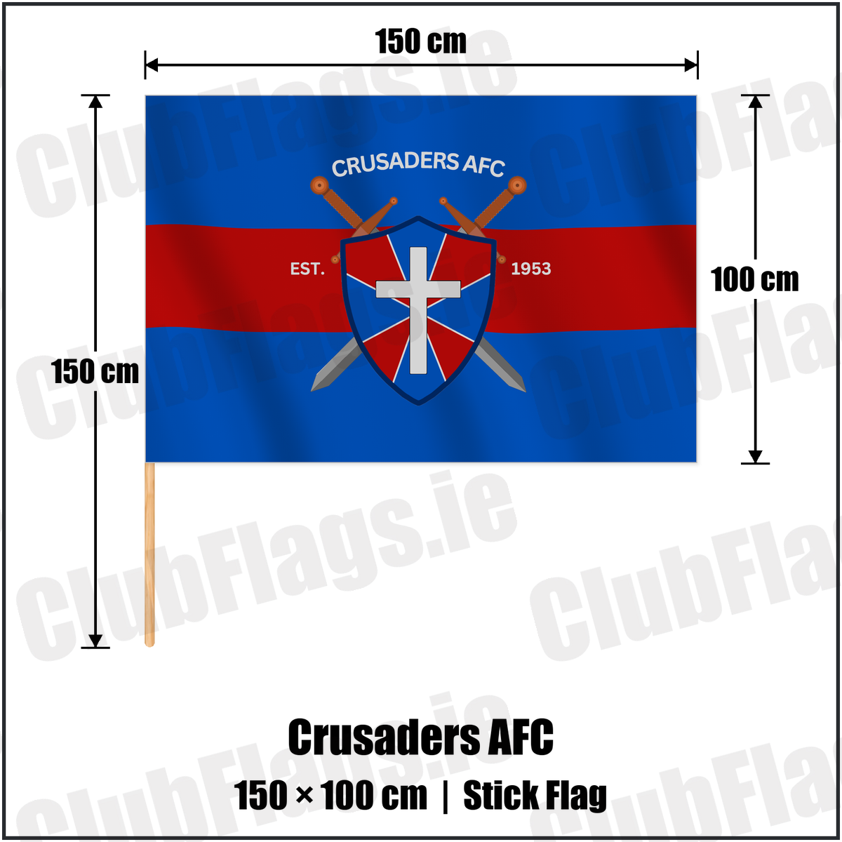 Crusaders AFC 100cm x 150cm Stick Flag with the club crest and colours, Waterford Football - ClubFlags.ie