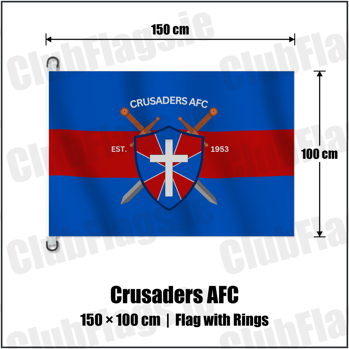Crusaders AFC 150cm x 100cm Flag Pole Flag with Rings with the club crest and colours, Waterford Football - ClubFlags.ie