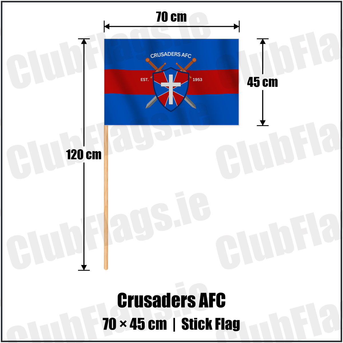 Crusaders AFC 45cm x 70cm Stick Flag with the club crest and colours, Waterford Football - ClubFlags.ie